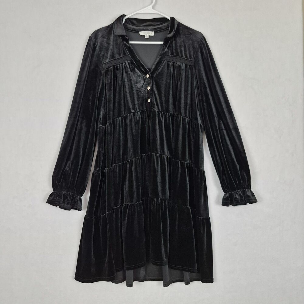 Umgee Black Velvet XL Long Sleeve Tiered Mini Dress Whimsigoth Grunge Dark Fairy